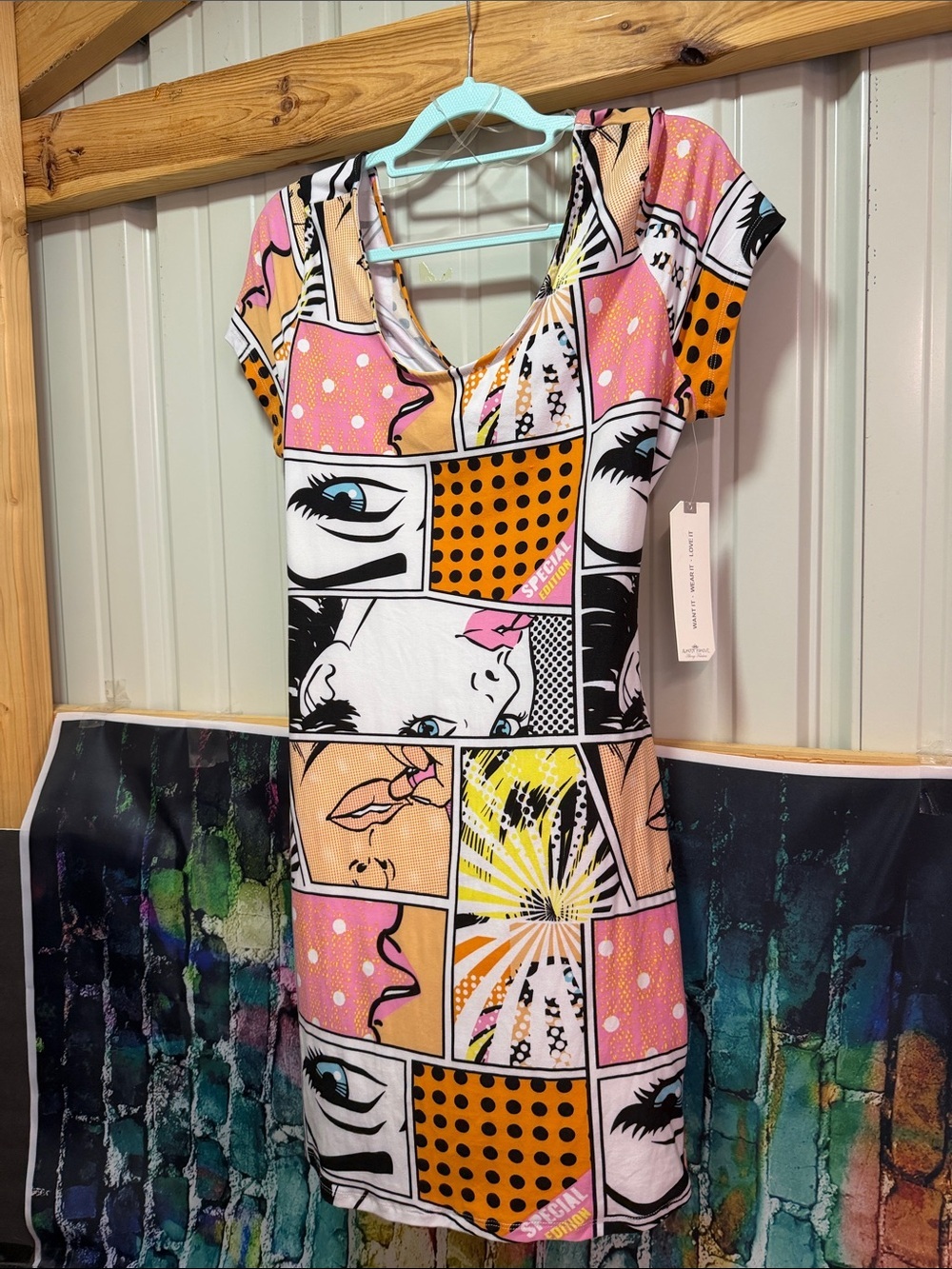 Almost Famous Pop Art Panel Mini Dress in Pink, Orange, Black & White
